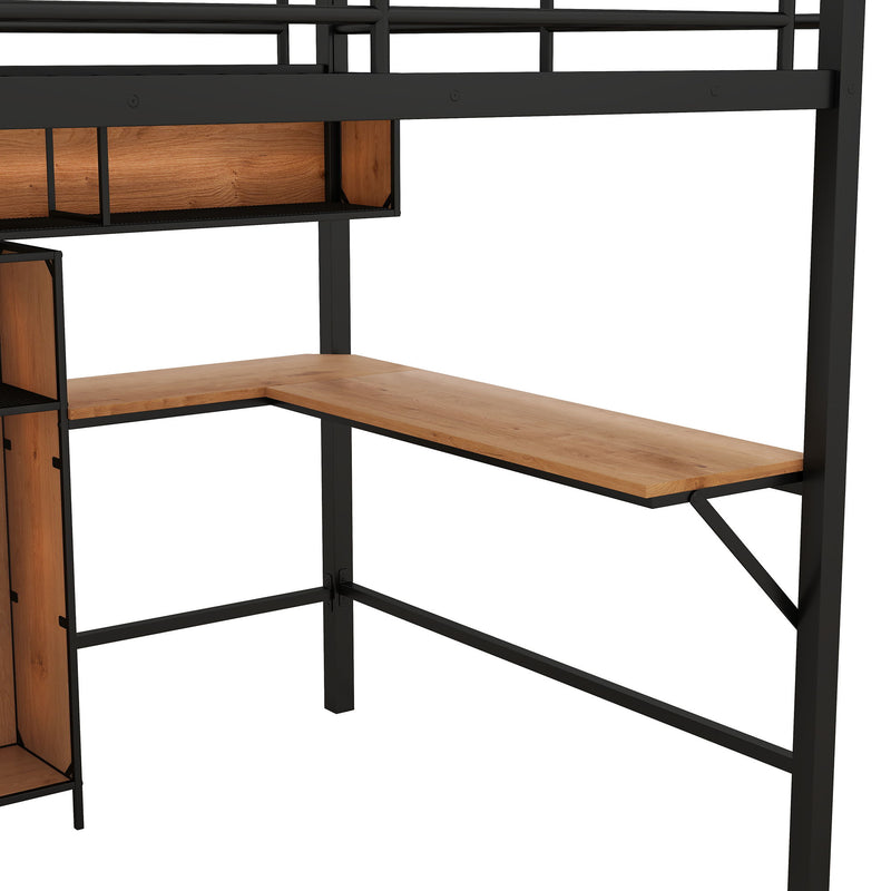 Full Size Metal & Wood Loft Bed With L-Shaped Desk And Shelves, Black And Brown
