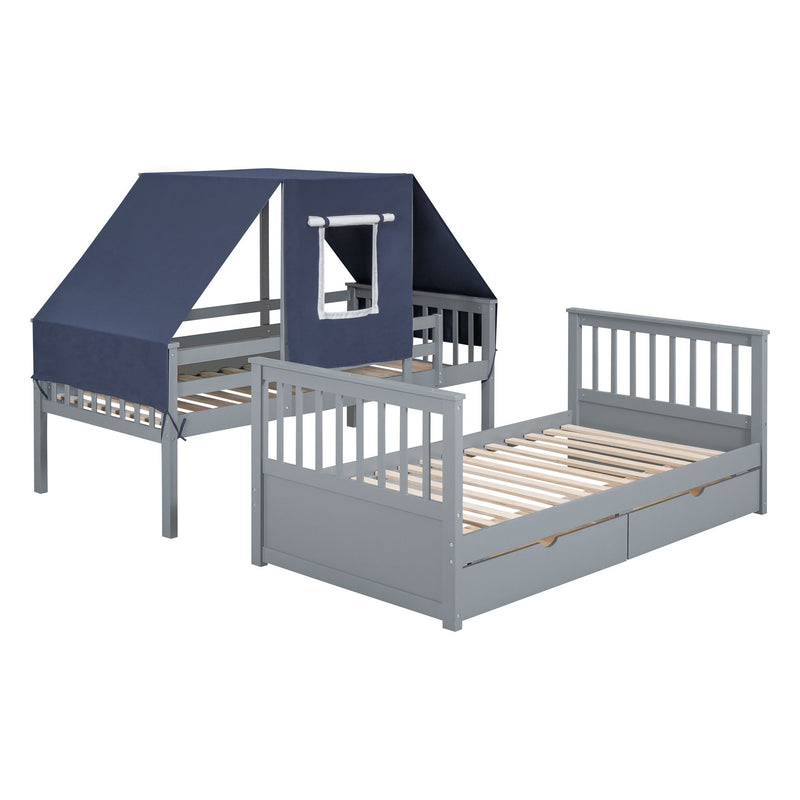 Twin Over Twin Bunk Bed Wood Bed With Tent And Drawers, Gray / Blue Tent