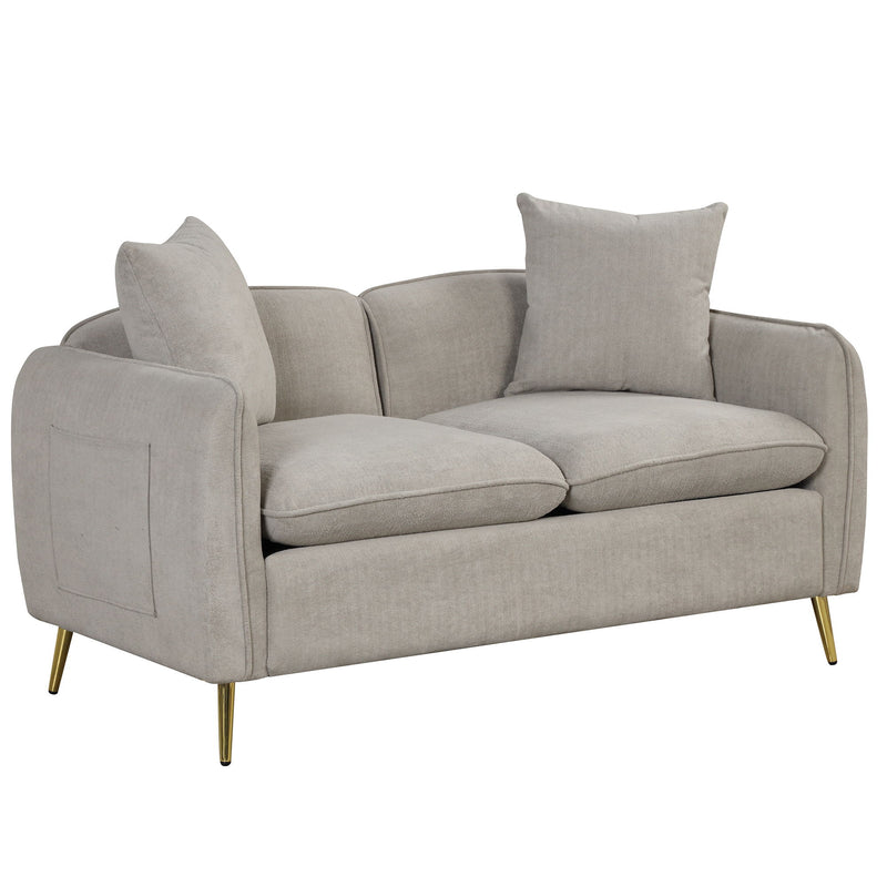 57.8" Velvet Upholstered Loveseat Sofa, Loveseat Couch With 2 Pillows Modern Sofa With Golden Metal Legs For Small Spaces, Living Room, Apartment, Gray