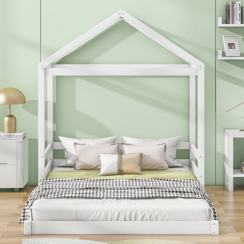 Wood Full Size House Bed With Guardrail, White