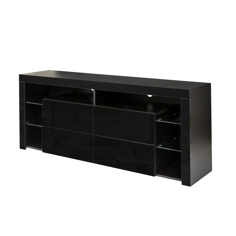 Black Modern contracted LED TV Cabinet with Storage Drawers，4 Storage Cabinet with Open Shelves for Living Room Bedroom