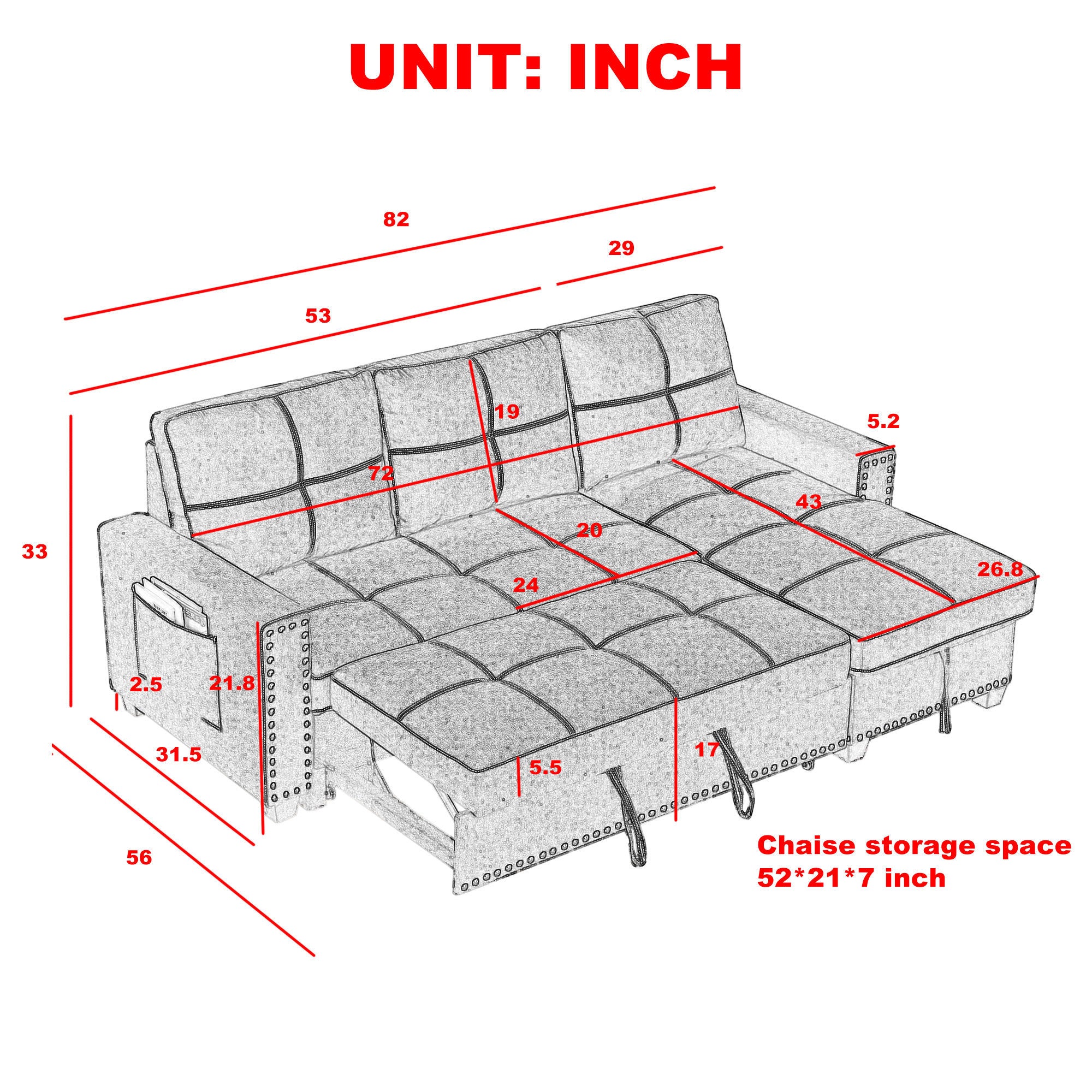 [Video] MH 82" Sleeper Sofa Bed Reversible Sectional Couch with Storage Chaise and Side storage bag for Living Room Furniture Set, silver rivets on both hands - Atlantic Fine Furniture Inc