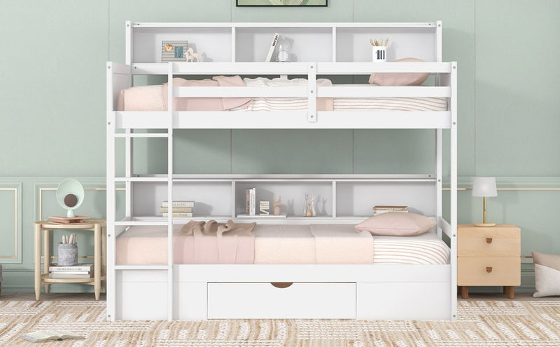 Twin Size Bunk Bed With Built-In Shelves Beside Both Upper And Down Bed And Storage Drawer, White