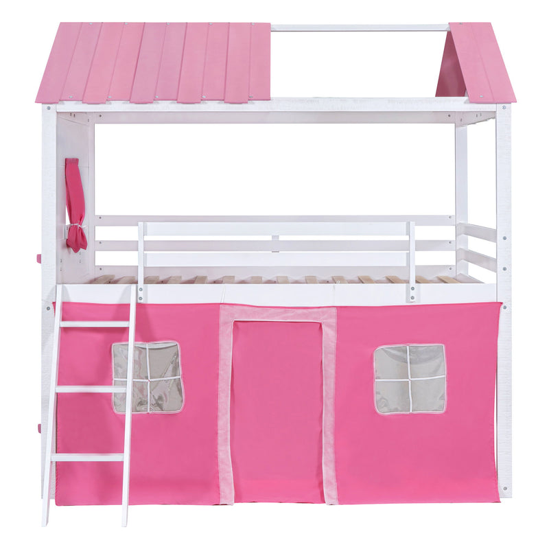 Full Size Bunk Wood House Bed With Elegant Windows, Sills And Tent, Pink / White