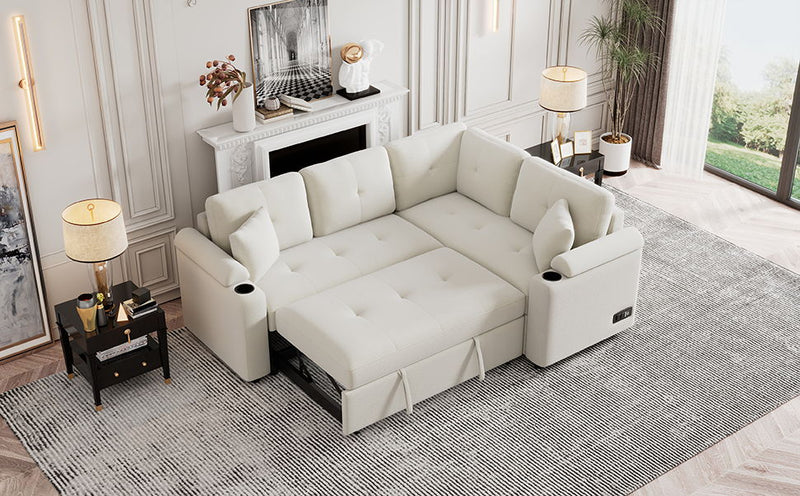L - Shape Sofa Bed Pull-Out Sleeper Sofa With Wheels, USB Ports, Power Sockets For Living Room, Beige