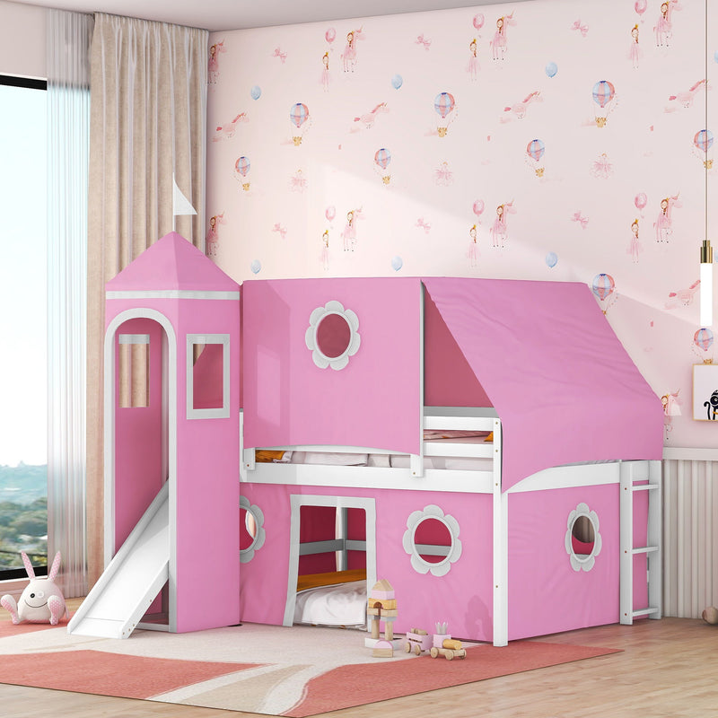 Full Size Bunk Bed With Slide Pink Tent And Tower - Pink