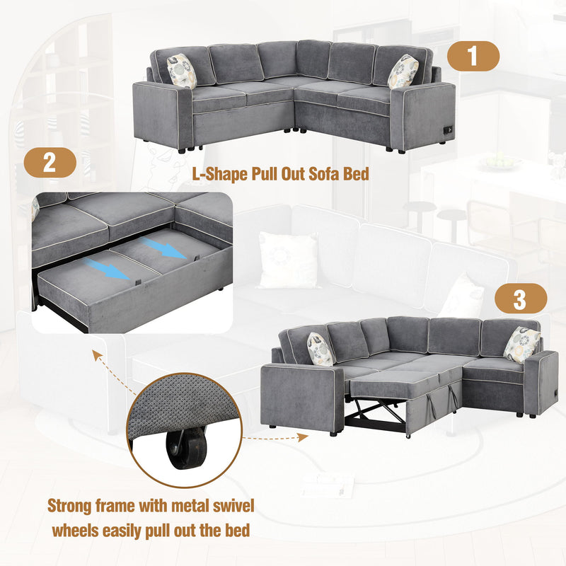 L-Shaped Pull Out Sofa Bed Modern Convertible Sleeper Sofa With 2 USB Ports, 2 Power Sockets And 3 Pillows For Living Room, Bedroom, Office, Gray
