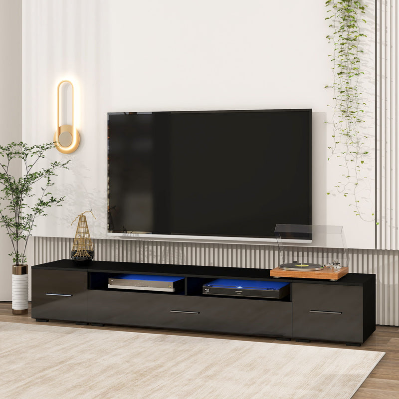 On-Trend Extended, Minimalist Design TV Stand With Color Changing LED Lights, Modern Universal Entertainment Center, High Gloss TV Cabinet For 90 /" TV, Black