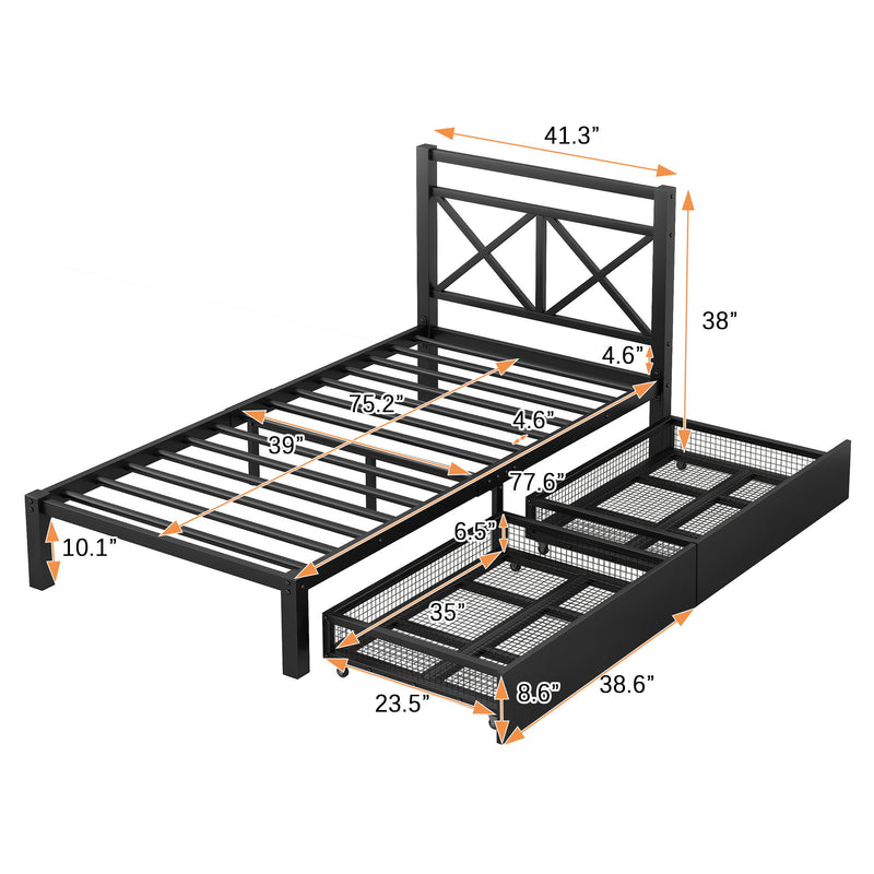 Metal Platform Bed With 2 Drawers, Twin (Black)