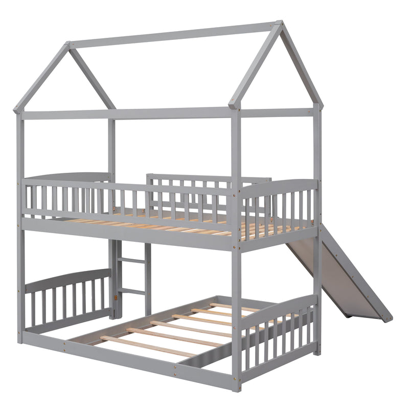 Twin Over Twin Bunk Bed With Slide, House Bed With Slide - Gray
