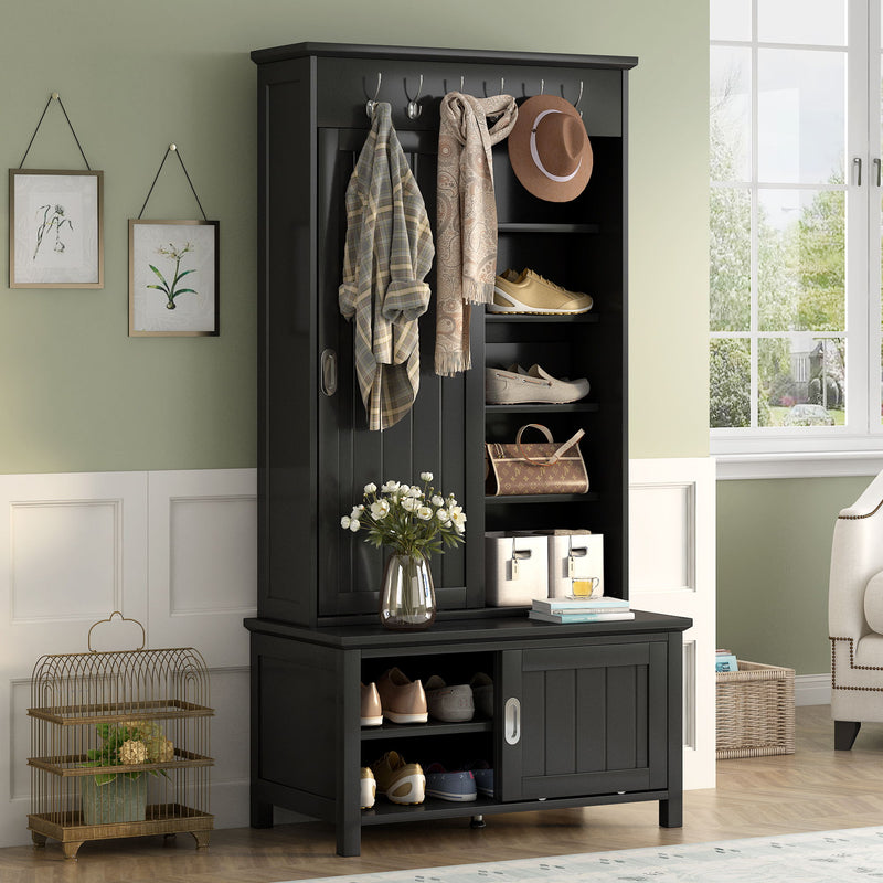 On-Trend Multifunctional Hall Tree With Sliding Doors, Wooden Hallway Shoe Cabinet With Storage Bench And Shelves, Mudroom Coat Storage With Hanging Hooks For Entryways, Black