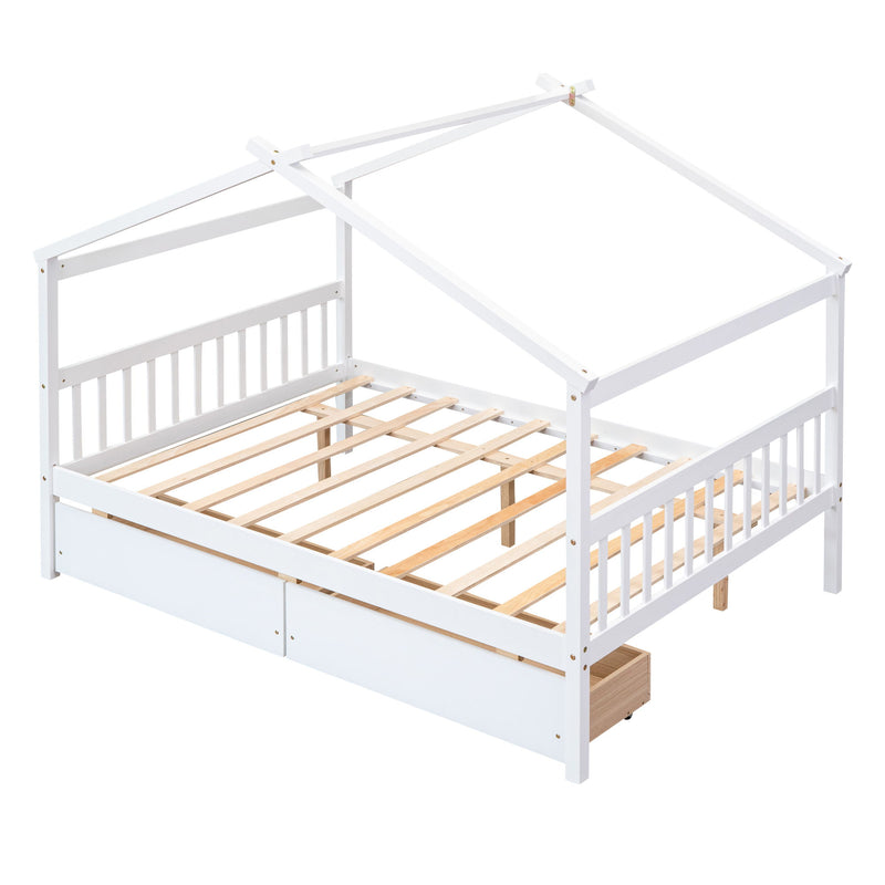 Full Size Wooden House Bed With Drawers, White