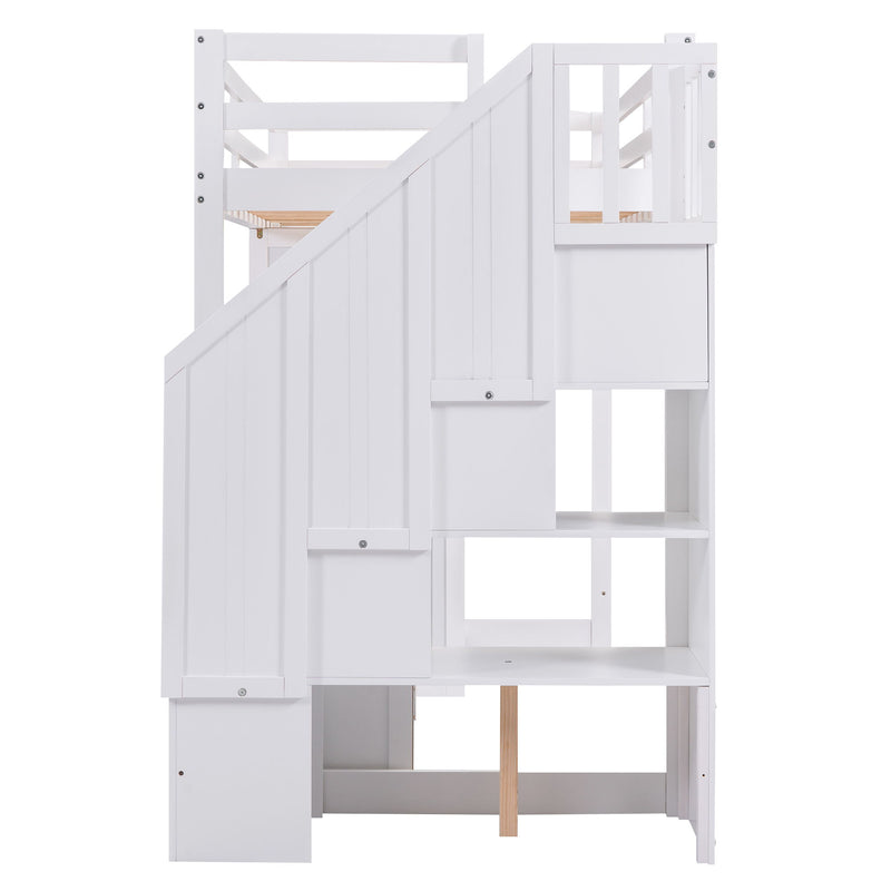 Twin Size Loft Bed With Wardrobe And Staircase, Desk And Storage Drawers And Cabinet In 1, White