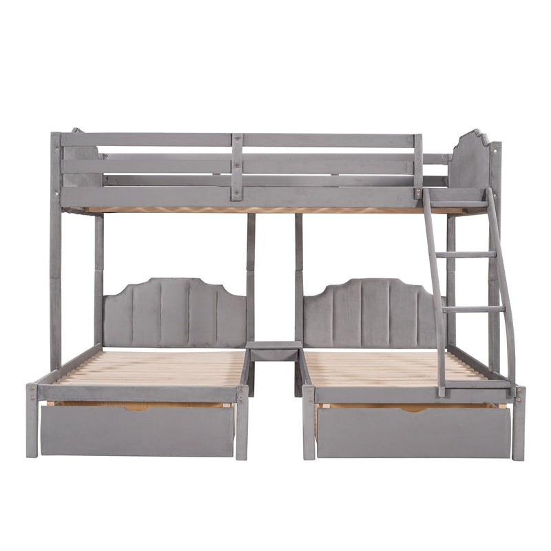 Full Over Twin & Twin Bunk Bed, Velvet Triple Bunk Bed With Drawers And Guardrails, Gray