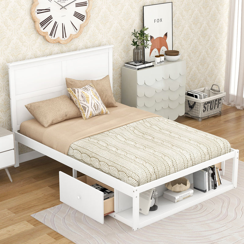 Full Size Platform Bed With Drawer On The Each Side And Shelf On The End Of The Bed, White