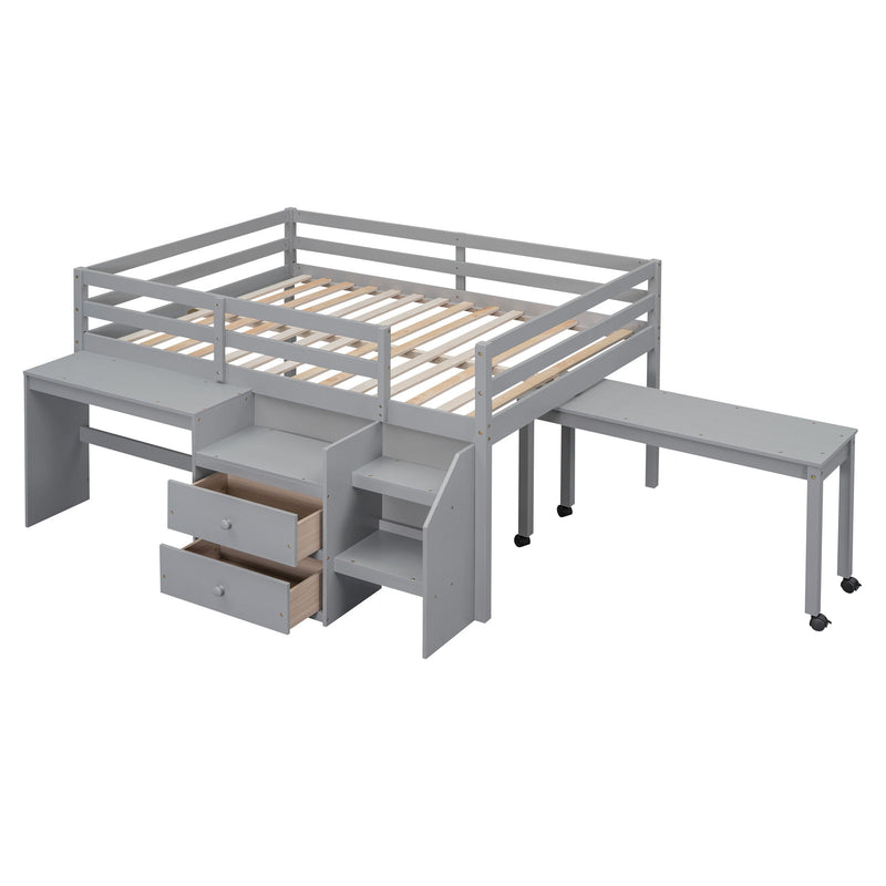 Full Size Loft Bed With Desk And Drawers, Wooden Loft Bed With Lateral Portable Desk, Gray