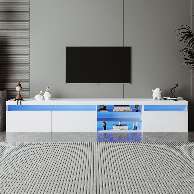 On-Trend Unique Design TV Stand With 2 Glass Shelves, Ample Storage Space Media Console For Tvs Up To 100", Versatile TV Cabinet With Led Color Changing Lights For Living Room, White