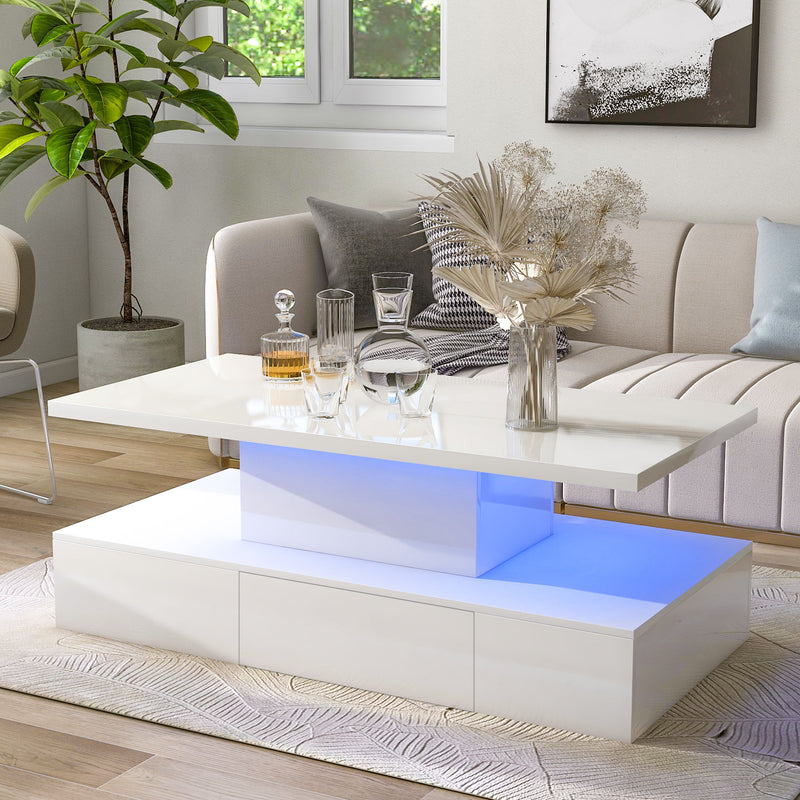 On-Trend Modern Glossy Coffee Table With Drawer, 2-Tier Rectangle Center Table With Plug - In 16 Colors LED Lighting For Living Room, 39.3''X19.6''X15.3'', White
