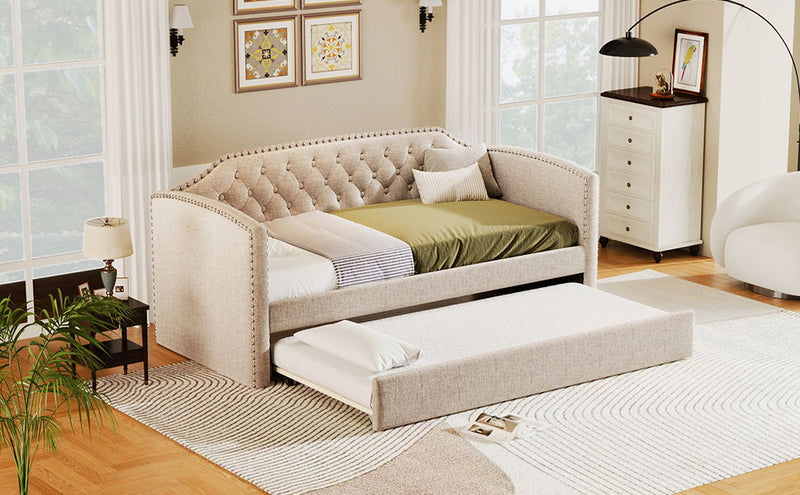 Twin Size Upholstered Daybed With Trundle For Guest Room, Small Bedroom, Study Room, Beige