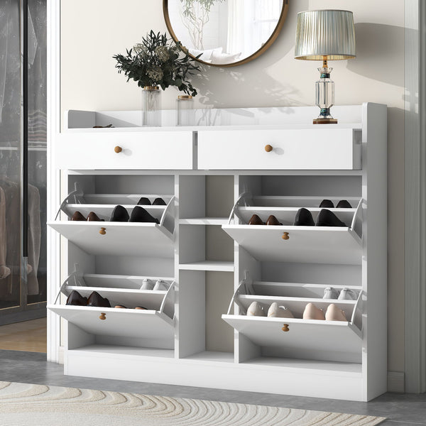 On-Trend Modern Shoe Cabinet With 4 Flip Drawers, Multifunctional 2-Tier Shoe Storage Organizer With Drawers, Free Standing Shoe Rack For Entrance Hallway, White