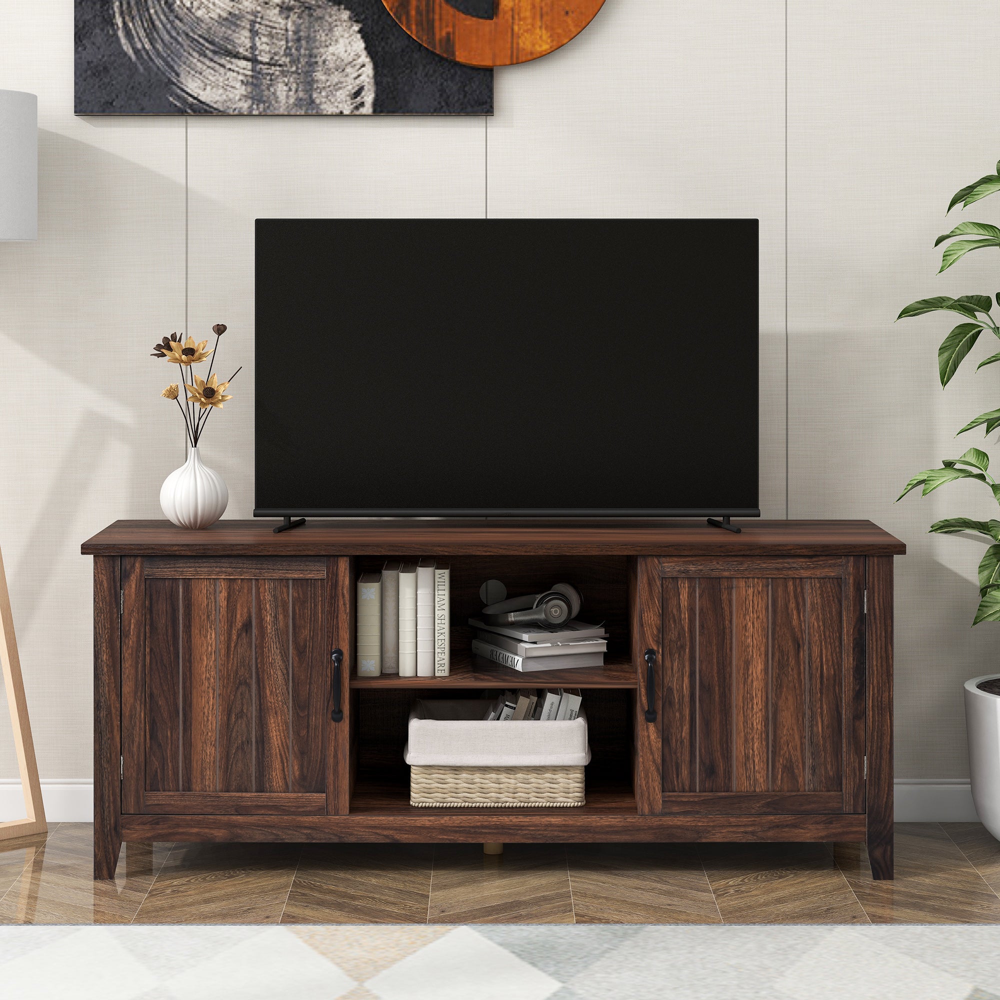 U-Can TV Stand for TV up to 60in with 2  Doors Adjustable Panels Open Style Cabinet, Sideboard for Living room, Tiger - Atlantic Fine Furniture Inc