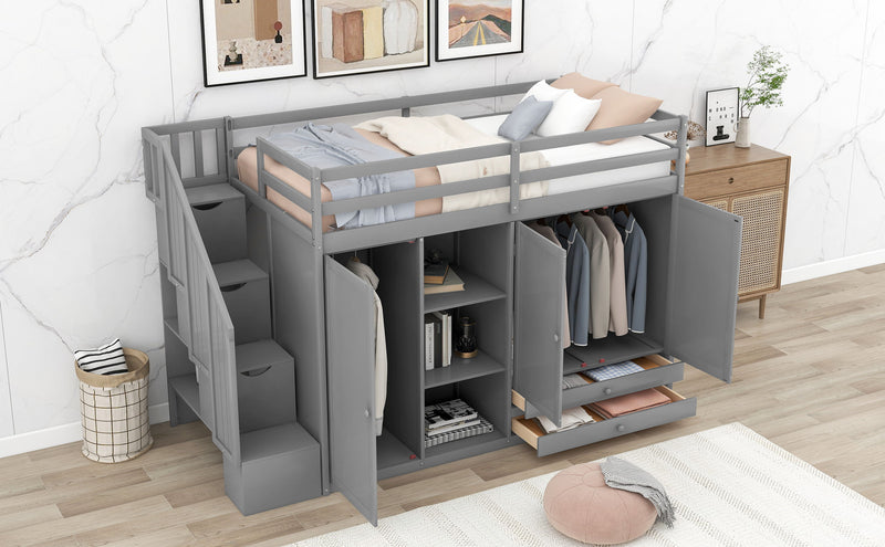 Functional Loft Bed With 3 Shelves, 2 Wardrobes And 2 Drawers, Ladder With Storage, No Box Spring Needed, Gray
