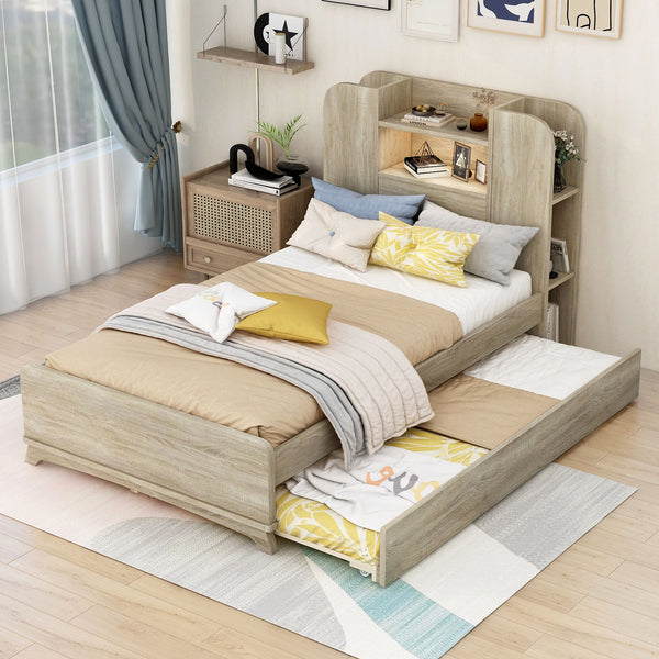 Twin Size Storage Platform Bed Frame With With Trundle And Light Strip Design In Headboard, Natural