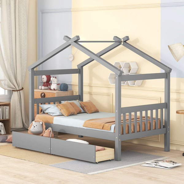 Twin Size Wooden House Bed With Drawers, Gray