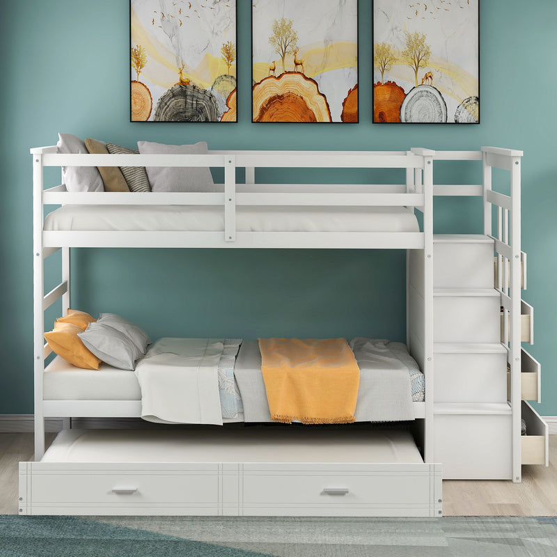Solid Wood Bunk Bed - Hardwood Bunk Bed With Trundle And Staircase
