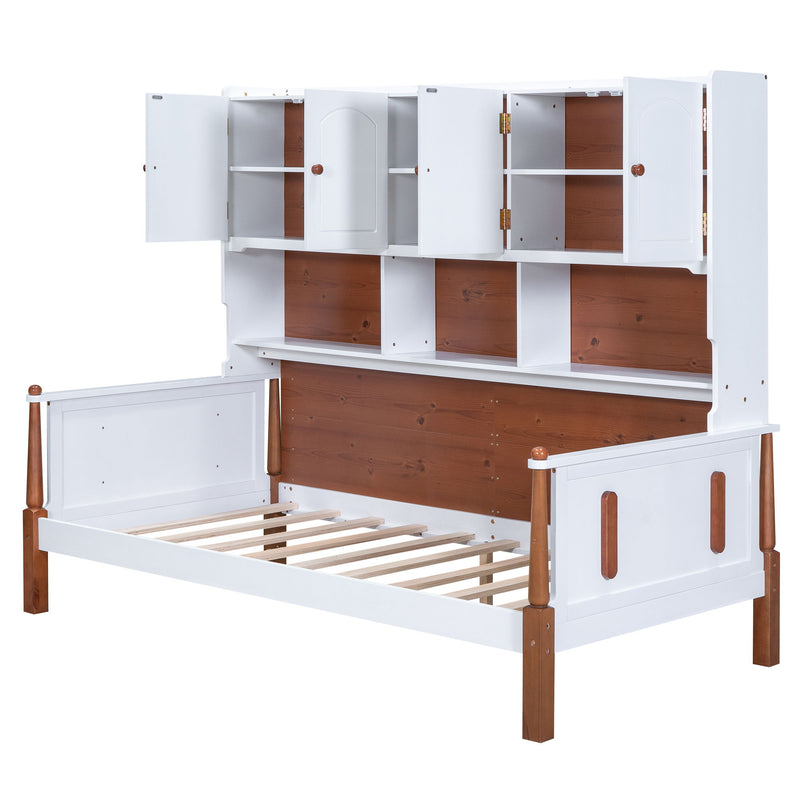 Twin Size Platform Bed With Multiple Storage, White + Walnut
