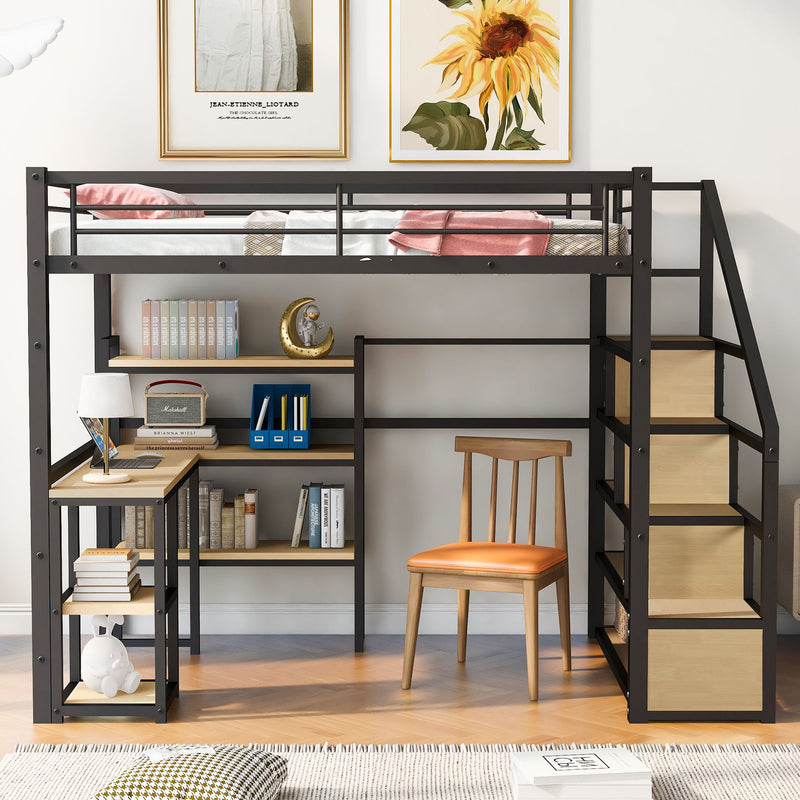 Full Size Metal Loft Bed With Staircase, Built - In Desk And Shelves, Black