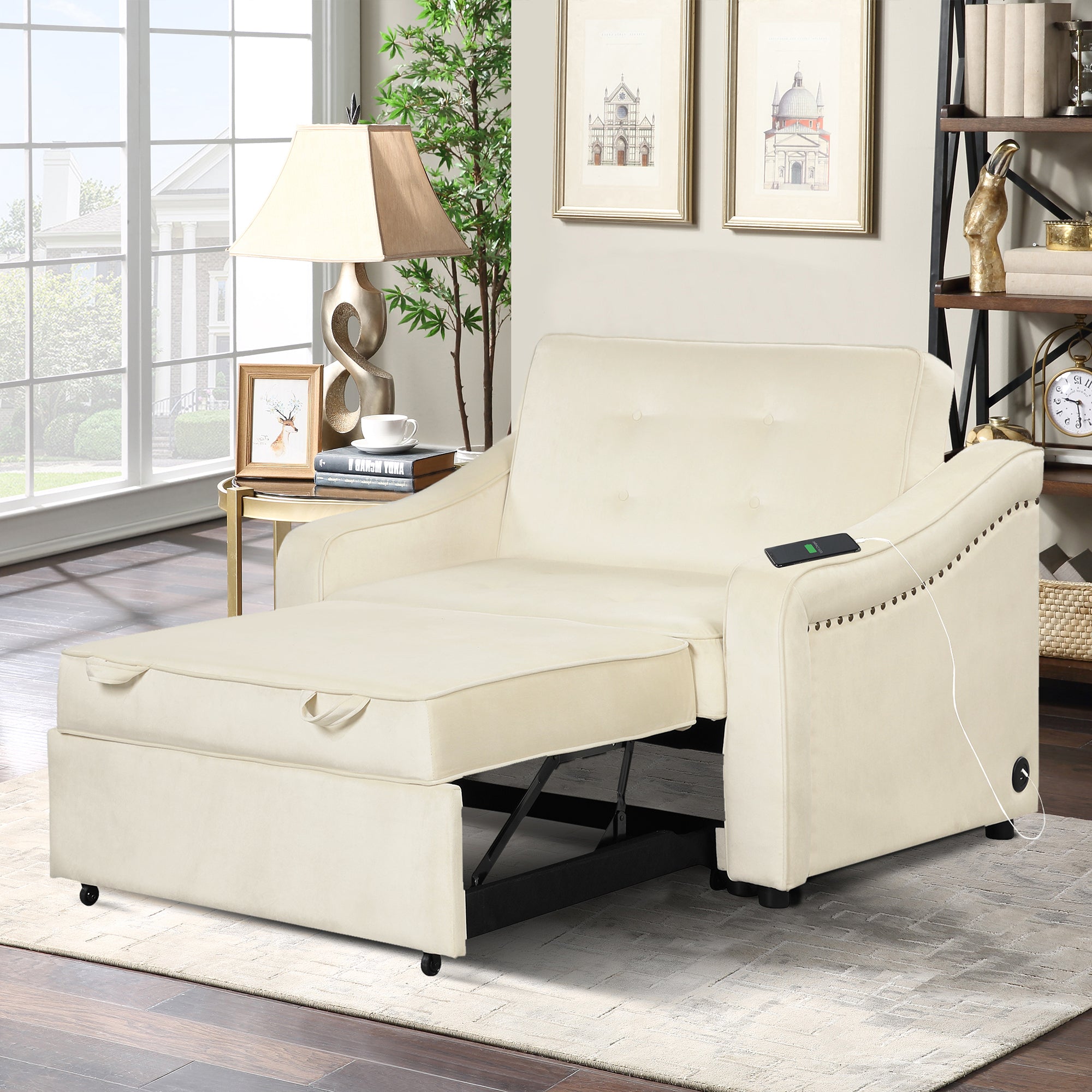 Orisfur. 50.6" Convertible Sleeper Bed, Adjustable Sofa Couch with Dual USB Ports for Living Room Space（Cream White） - Atlantic Fine Furniture Inc