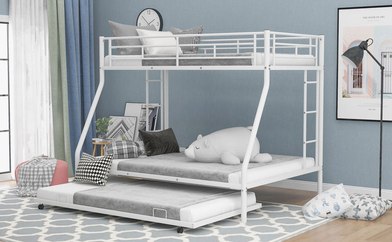 Twin Over Full Bed With Sturdy Steel Frame, Bunk Bed With Twin Size Trundle, Two Side Ladders, White