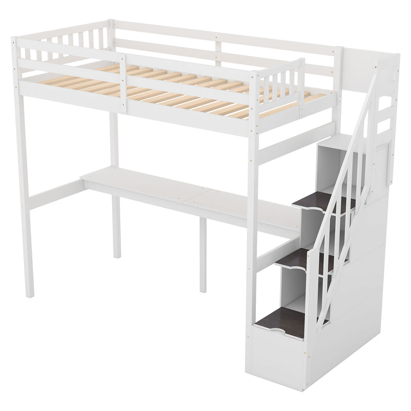 Twin Size Loft Bed With Storage Staircase And Built-In Desk, White