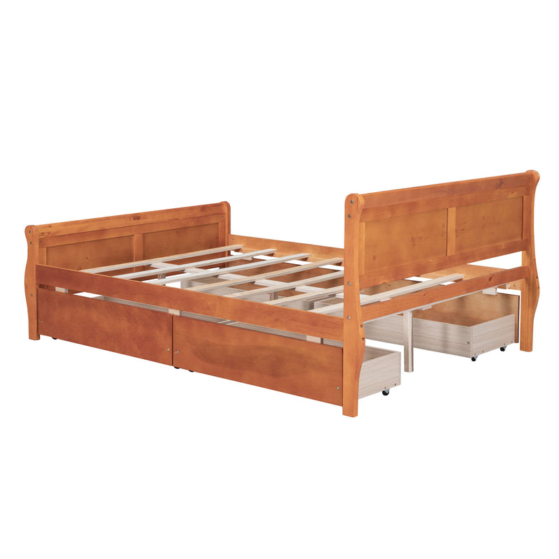Full Size Wood Platform Bed With 4 Drawers And Streamlined Headboard & Footboard, Oak