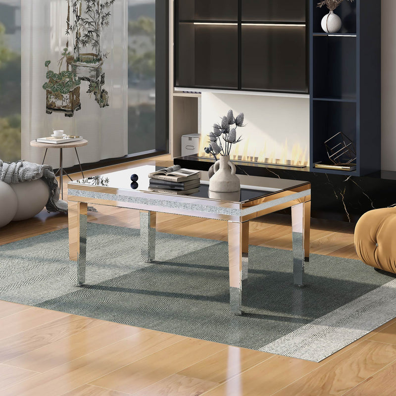 On-Trend Fashionable Modern Glass Mirrored Coffee Table, Easy Assembly Cocktail Table With Crystal Design And Adjustable Height Legs, Silver