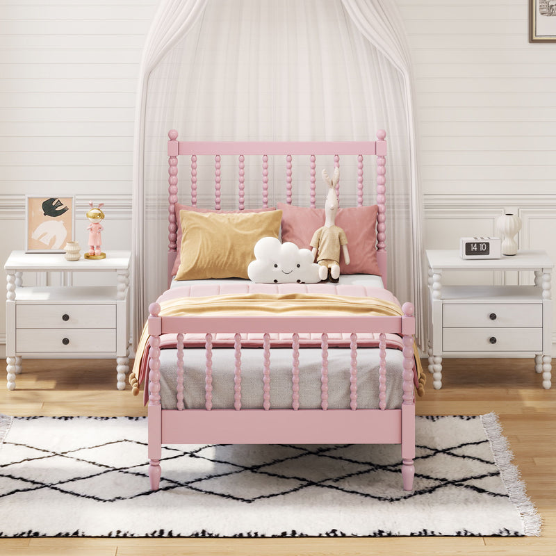 3 Pieces Bedroom Sets Twin Size Wood Platform Bed With Gourd Shaped Headboard And Footboard With 2 Nightstands, Pink