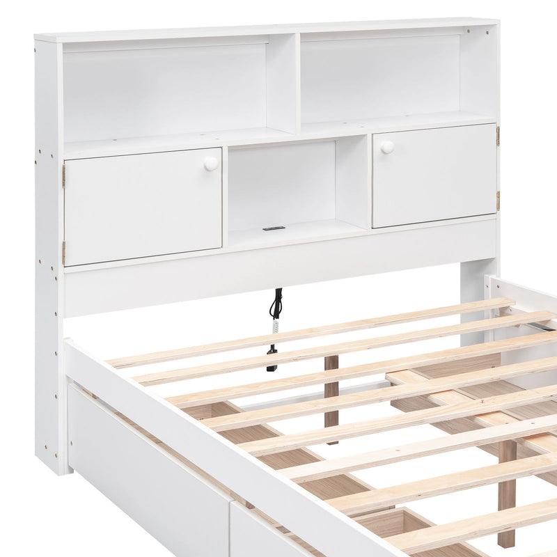 Full Size Platform Bed With Storage Headboard, Charging Station And 4 Drawers, White