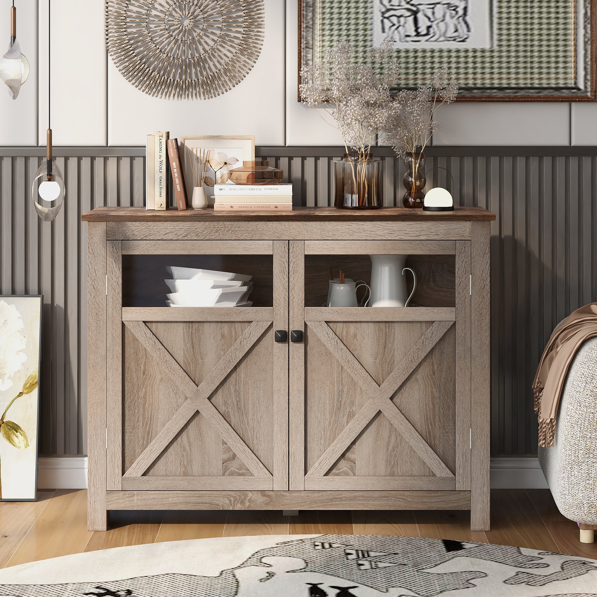 U-Can TV Stand  with 2 Doors Adjustable Panels Open Style Cabinet, Sideboard for Living room, Tiger - Atlantic Fine Furniture Inc