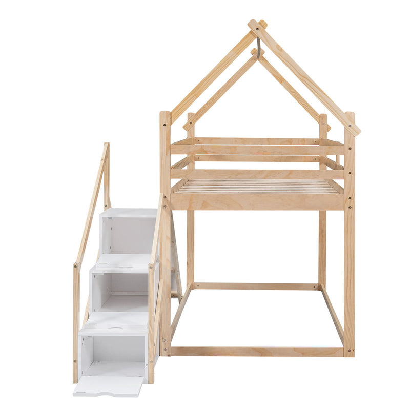 Twin Over Twin House Loft Or Bunk Bed With Slide And Staircase, Natural