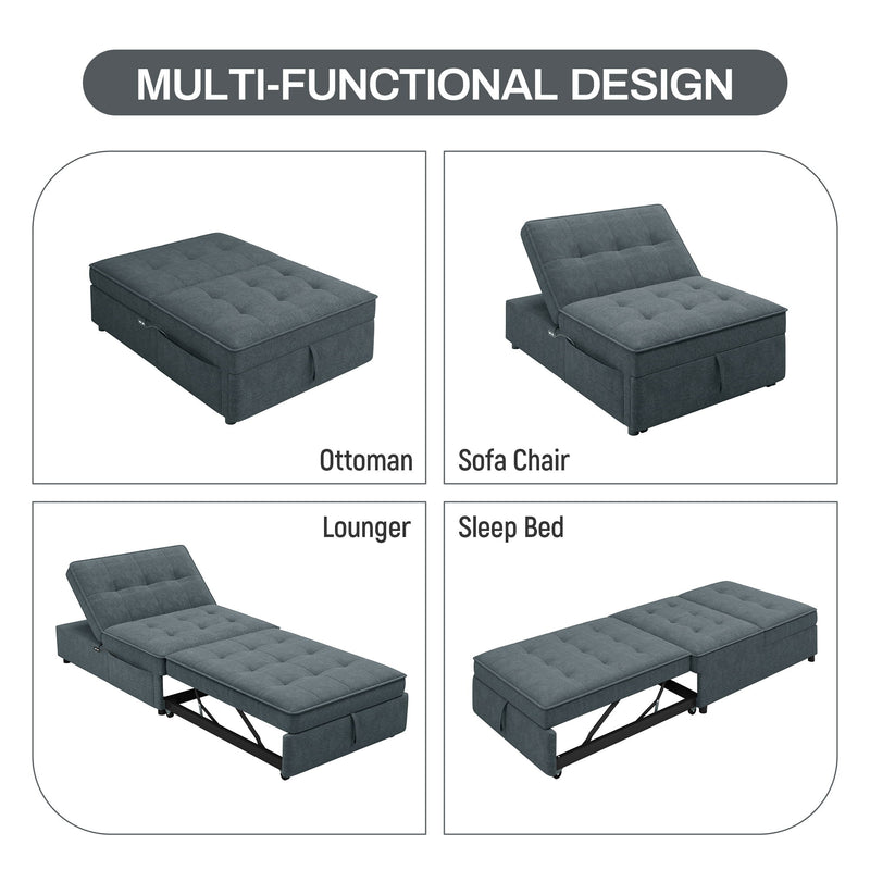 4-In-1 Sofa Bed, Chair Bed, Multi - Function Folding Ottoman Bed With Storage Pocket And USB Port For Small Room Apartment, Living Room, Bedroom, Hallway, Deep Blue