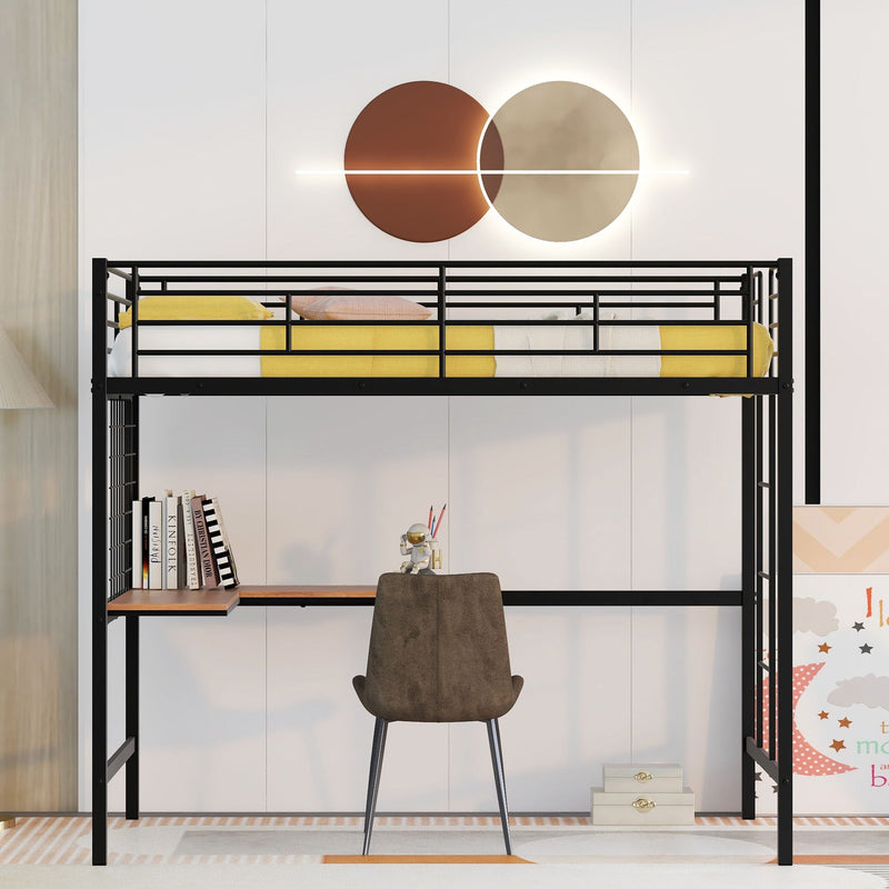 Twin Metal Loft Bed With Desk And Metal Grid, Black