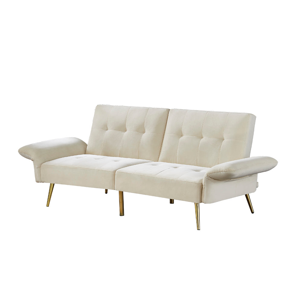 Winforce factory directly supply 280g Italian velvet folding sofa bed, foldable armrests with magazine bags futon, 78inch sleeper sofa, beige velvet - Atlantic Fine Furniture Inc