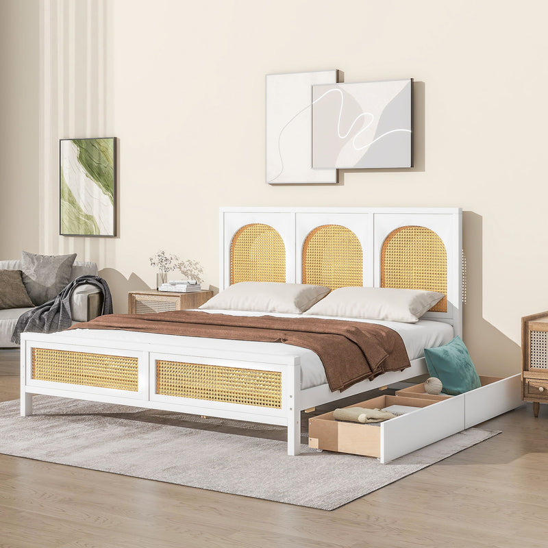 Queen Size Wood Storage Platform Bed With 2 Drawers, Rattan Headboard And Footboard, White