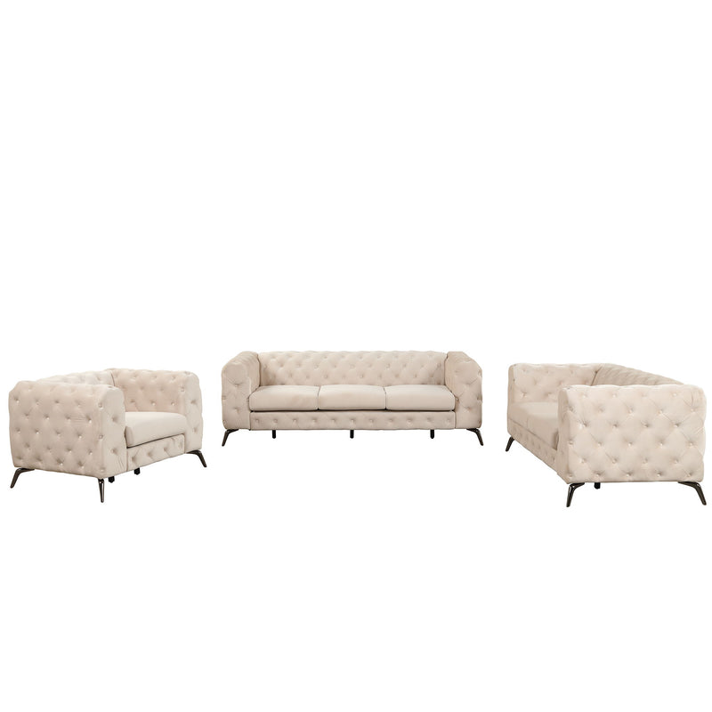 Modern 3 Piece Sofa Sets With Sturdy Metal Legs, Velvet Upholstered Couches Sets Including Three Seat Sofa, Loveseat And Single Chair For Living Room Furniture Set, Beige