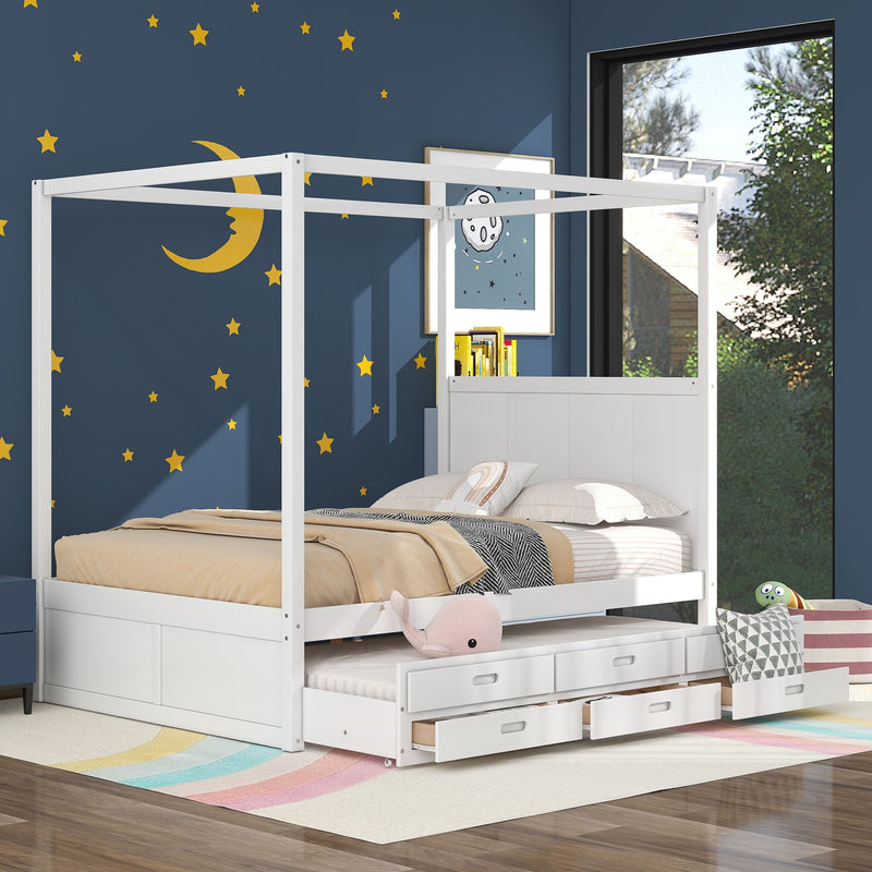 Queen Size Canopy Platform Bed With Twin Size Trundle And Three Storage Drawers, White