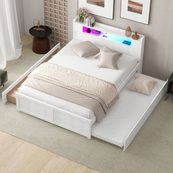 Queen Size Wood Storage Platform Bed With Led, 2 Drawers And 1 Twin Size Trundle, White