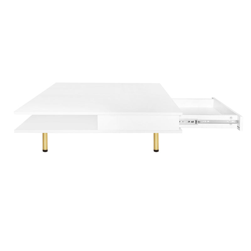 On Trend Exquisite High Gloss Coffee Table With 4 Golden Legs And 2 Small Drawers, 2-Tier Square Center Table For Living Room, White