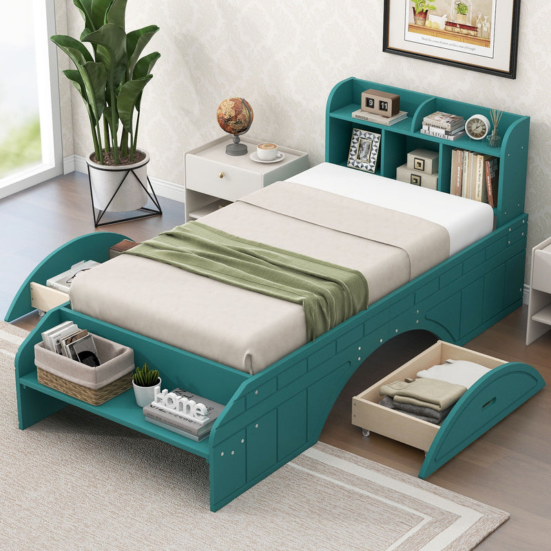 Wood Twin Size Platform Bed With 2 Drawers, Storage Headboard And Footboard, Dark Green
