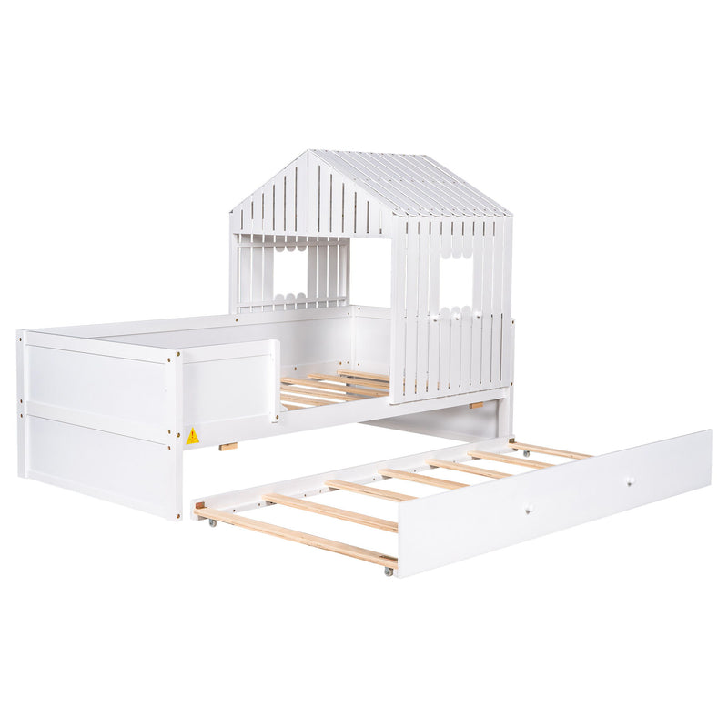Twin Size House Low Loft Bed With Trundle, White